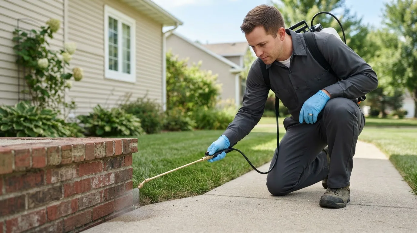 Pest control technician treating a home near Roscoe, PA
