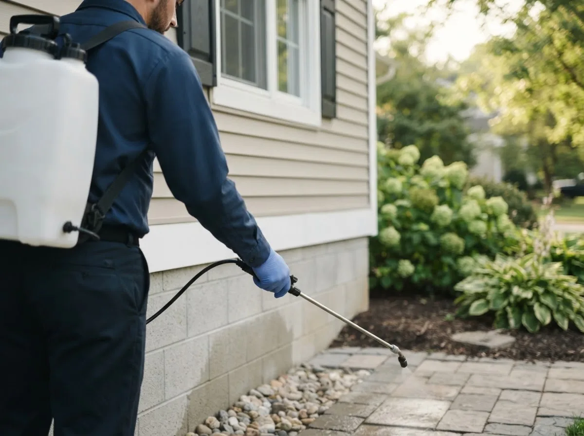 Pest control technician inspecting a home in Roscoe, PA